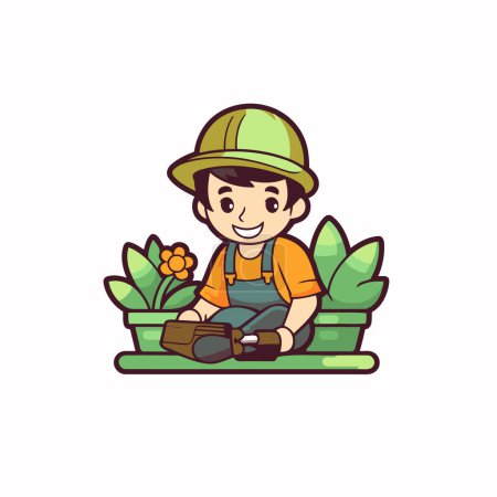Illustration for Cartoon farmer with shovel and plant in pot. Vector illustration. - Royalty Free Image