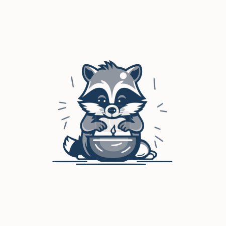 Illustration for Cute raccoon with a bowl of soup. Vector illustration. - Royalty Free Image