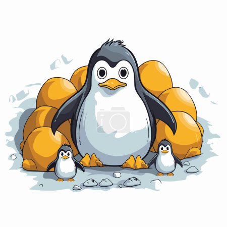 Téléchargez les illustrations : Mignon pingouin avec bébé pingouin. Illustration vectorielle de bande dessinée. - en licence libre de droit