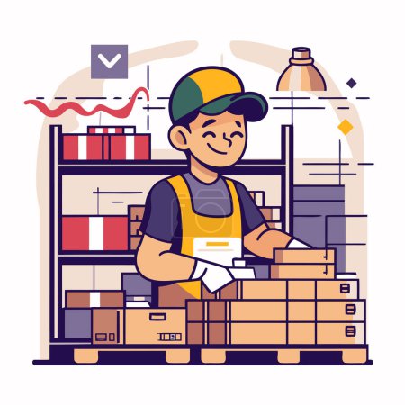 Ilustración de Trabajador de almacén en uniforme y gorra con cajas. Ilustración vectorial en estilo plano - Imagen libre de derechos