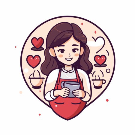 Ilustración de Linda chica sosteniendo una taza de café en forma de corazón - Imagen libre de derechos