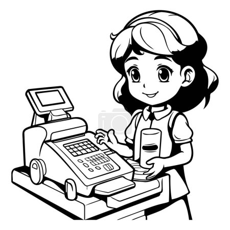 Illustration for Black and White Cartoon Illustration of Little Girl Holding a Cash Register - Royalty Free Image