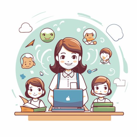 Ilustración de Profesor con estudiantes y laptop. Ilustración vectorial en estilo de dibujos animados. - Imagen libre de derechos