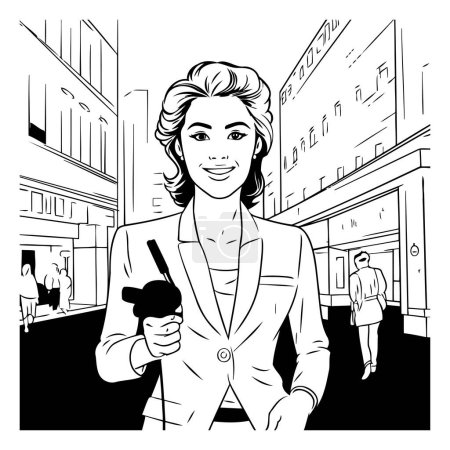 Téléchargez les illustrations : Illustration vectorielle d'une femme en costume d'affaires dans la rue. - en licence libre de droit