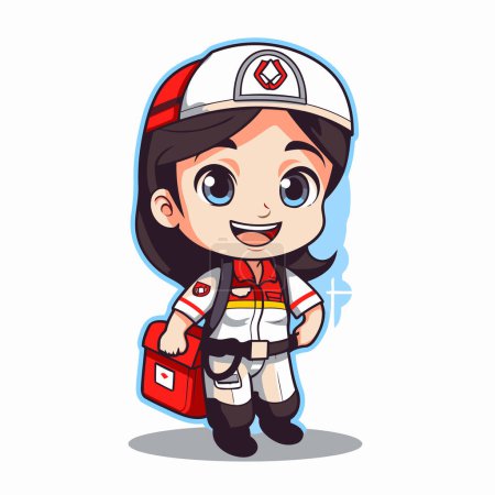Ilustración de Lindo bombero chica personaje con botiquín de primeros auxilios ilustración vector de dibujos animados. - Imagen libre de derechos