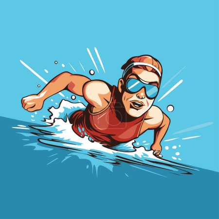 Téléchargez les illustrations : Illustration vectorielle d'un surfeur en maillot de bain rouge et lunettes - en licence libre de droit