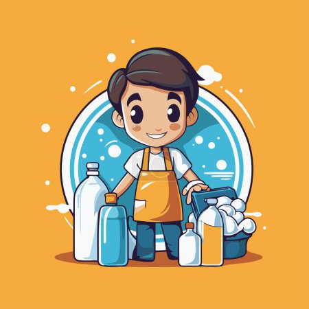Illustration for Cute boy with cleaning products in the hand. Vector illustration. - Royalty Free Image