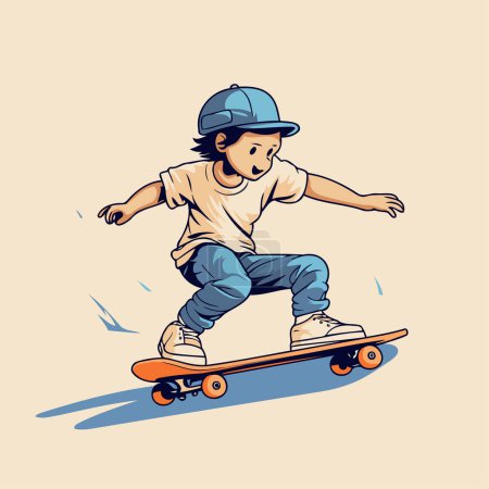 Ilustración de Ilustración vectorial de un niño montando un monopatín. Estilo de dibujos animados. - Imagen libre de derechos