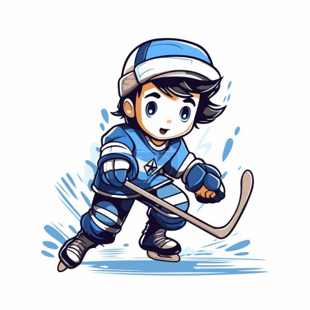 Un garçon de dessin animé jouant au hockey sur glace. Illustration vectorielle sur fond blanc.