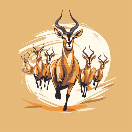 Illustration for Vector image of a herd of antelope on a yellow background. - Royalty Free Image