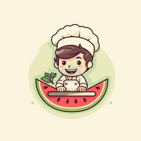 Illustration for Cute cartoon chef holding a slice of watermelon. Vector illustration. - Royalty Free Image