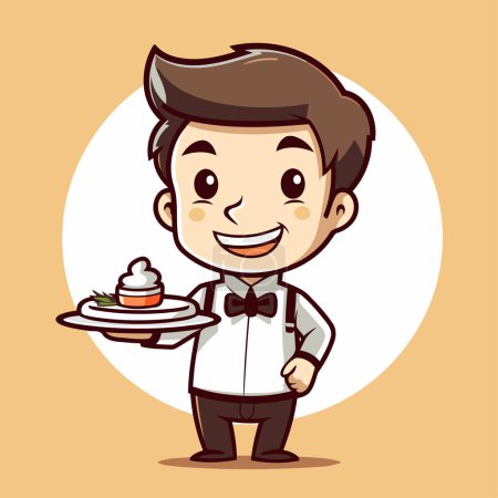 Illustration for Waiter holding a plate of cake - Vector Character Cartoon Illustration - Royalty Free Image