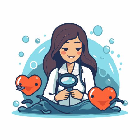 Illustration for Woman doctor with magnifying glass and heart. Vector illustration in cartoon style - Royalty Free Image