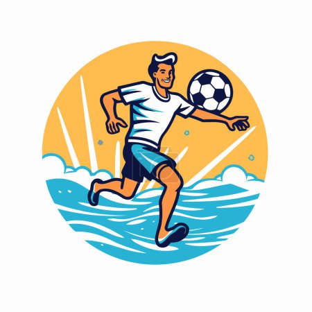 Illustration for Vector illustration of a soccer player jumping with ball on the beach viewed from front set inside circle on isolated background. - Royalty Free Image