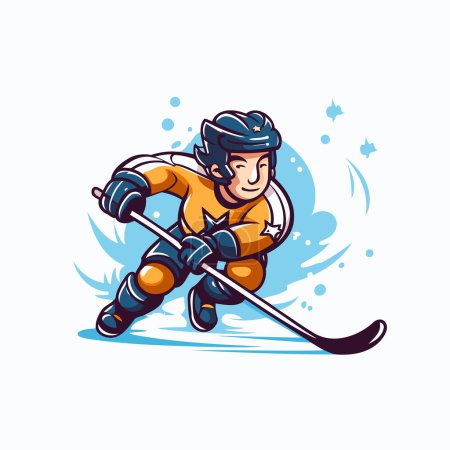 Illustration for Hockey player with the stick on ice. Vector cartoon illustration. - Royalty Free Image
