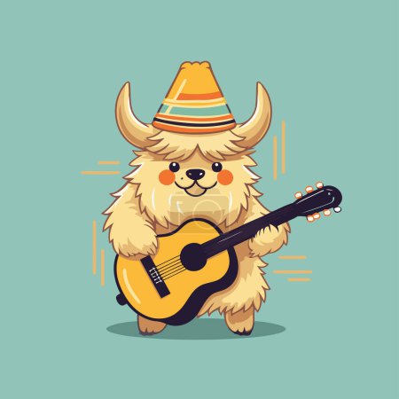 Téléchargez les illustrations : Mignon lama dessin animé en sombrero jouant de la guitare. Illustration vectorielle. - en licence libre de droit