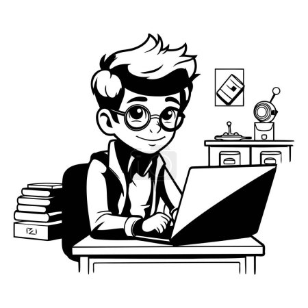 Ilustración de Joven trabajando en su escritorio en blanco y negro vector ilustración diseño gráfico - Imagen libre de derechos