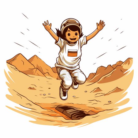 Ilustración de Niña volando en el desierto. Ilustración vectorial de un niño jugando en el desierto. - Imagen libre de derechos