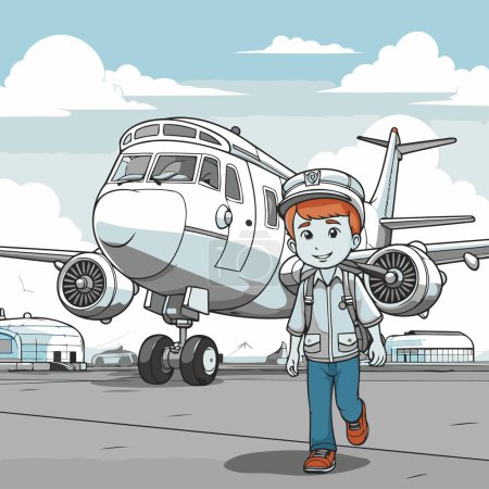 Ilustración de Niño con mochila y avión en el fondo del aeropuerto. Ilustración vectorial - Imagen libre de derechos