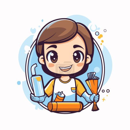 Illustration for Vector illustration of a cute cartoon boy holding a toothbrush and toothpaste - Royalty Free Image