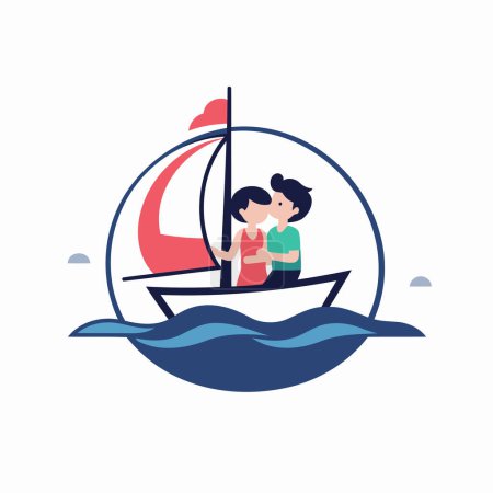 Téléchargez les illustrations : Couple amoureux sur voilier. Illustration vectorielle en style plat - en licence libre de droit