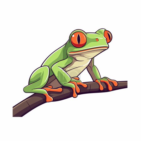 Frog sitting on tree branch. Vector illustration isolated on white background.
