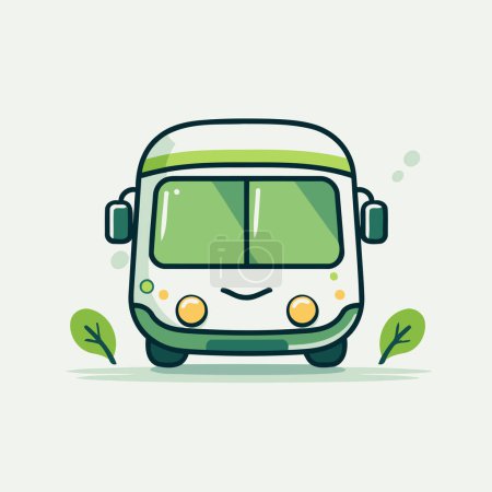 Téléchargez les illustrations : Bus mignon avec des feuilles vertes dans un style plat. Illustration vectorielle. - en licence libre de droit