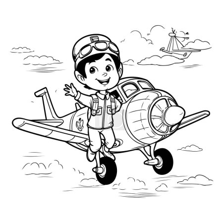 Illustration for Boy pilot with a toy airplane in the sky. Vector illustration. - Royalty Free Image