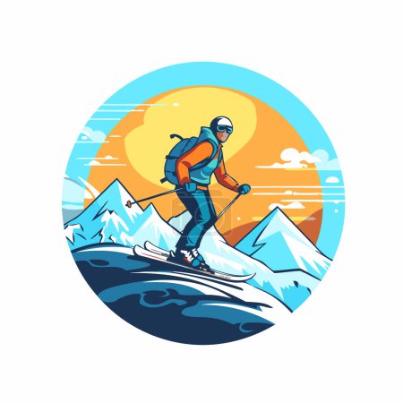Illustration for Vector illustration of a male snowboarder standing on the top of a mountain and looking to the side set inside circle on isolated background. - Royalty Free Image