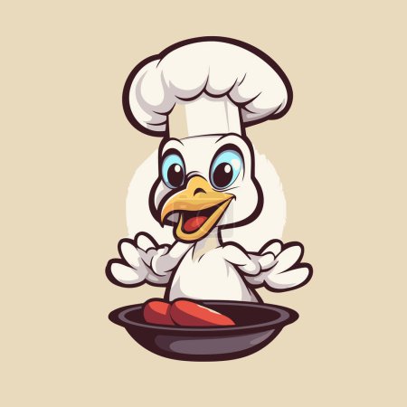 Téléchargez les illustrations : Illustration vectorielle d'un chef poulet dessin animé dans un chapeau et une casserole - en licence libre de droit