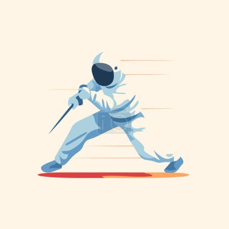 Illustration for Fencing sport vector illustration in flat style. Man in fencing costume with sword. - Royalty Free Image