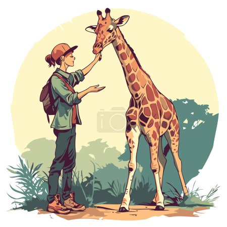 Téléchargez les illustrations : Illustration vectorielle d'un touriste avec une girafe dans la jungle. - en licence libre de droit