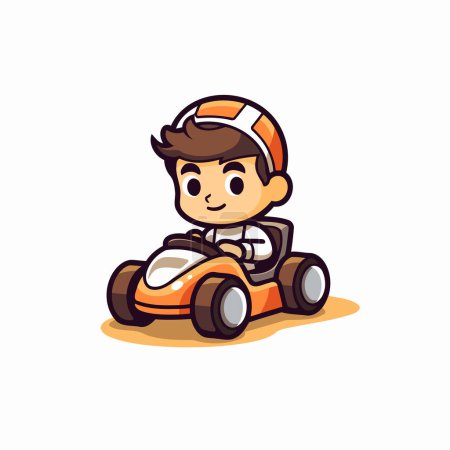 Ilustración de Lindo chico conduciendo un coche de carreras. Ilustración vectorial en estilo de dibujos animados. - Imagen libre de derechos