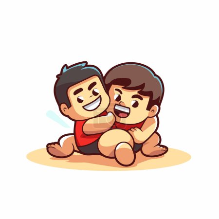 Illustration for Two cute boys sitting on the ground and hugging. Vector illustration. - Royalty Free Image