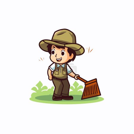 Illustration for Cute boy gardener with rake. Vector illustration on white background. - Royalty Free Image
