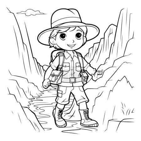 Illustration for Coloring Page Outline Of a Little Boy Hiking in a Canyon - Royalty Free Image