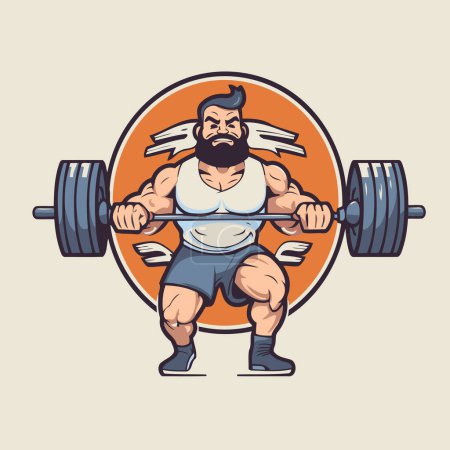 Illustration for Cartoon illustration of a strong man lifting a barbell viewed from front set inside circle on isolated background done in retro style. - Royalty Free Image