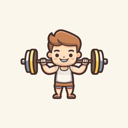 Téléchargez les illustrations : Mascotte Fitness Boy Cartoon Illustration vectorielle d'haltérophilie de caractère - en licence libre de droit