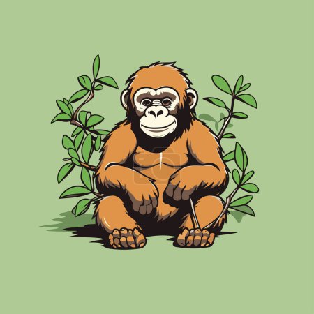 Téléchargez les illustrations : Gorille assis sur le sol avec des feuilles vertes. Illustration vectorielle - en licence libre de droit
