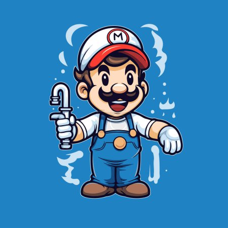 Illustration for Plumber with wrench cartoon mascot isolated on blue background. Vector illustration. - Royalty Free Image