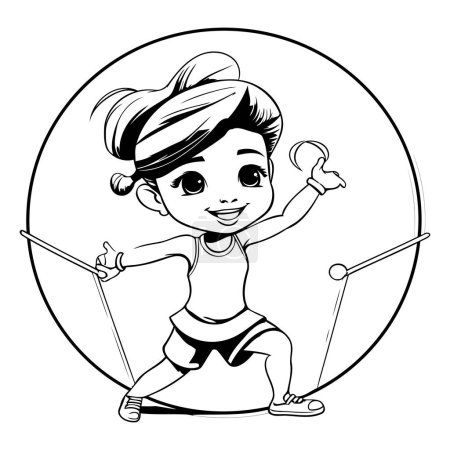 Illustration for Fitness girl cartoon in black and white round icon vector illustration graphic design - Royalty Free Image