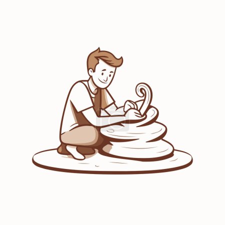 Illustration for Vector illustration of a man sitting on a rock and playing with stones. - Royalty Free Image