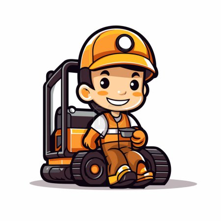 Téléchargez les illustrations : Illustration de conception de mascotte de caractère de travailleur de chariot élévateur - en licence libre de droit