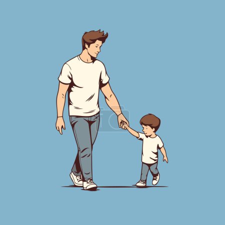 Téléchargez les illustrations : Père et fils marchent main dans la main. Illustration vectorielle dans le style dessin animé. - en licence libre de droit