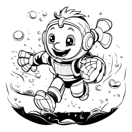 Cute cartoon astronaut flying in the ocean. Black and white vector illustration.