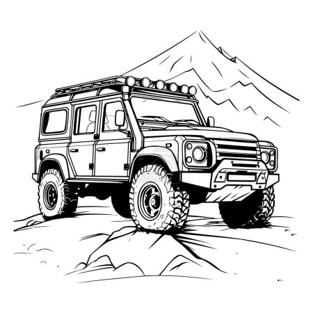 Téléchargez les illustrations : Véhicule hors route dans les montagnes. Illustration vectorielle noir et blanc. - en licence libre de droit