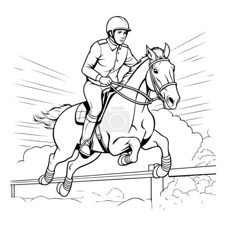 Téléchargez les illustrations : Jockey sur le cheval sautant par-dessus les obstacles. Illustration vectorielle noir et blanc. - en licence libre de droit