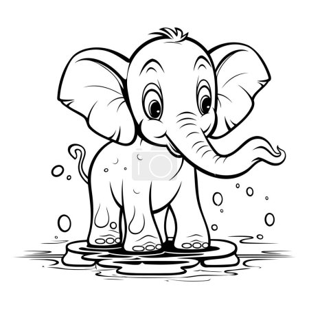 Téléchargez les illustrations : Elephant in Water - Black and White Cartoon Illustration. Vecteur - en licence libre de droit