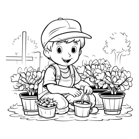 Téléchargez les illustrations : Garçon plantant des fleurs dans le jardin. Livre à colorier pour enfants. - en licence libre de droit