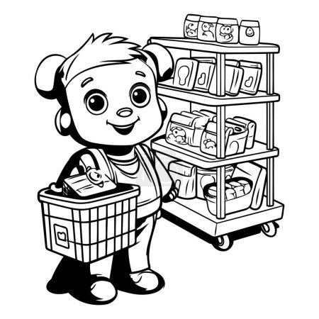 Illustration for Black and White Cartoon Illustration of Little Girl with Shopping Basket or Grocery Cart for Coloring Book - Royalty Free Image